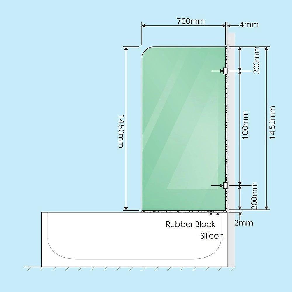 70cm Frameless Glass Bath Screen with Brackets - Black