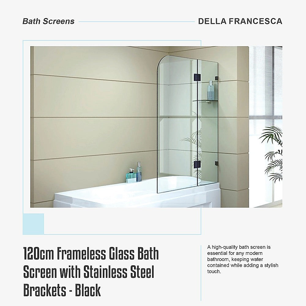120cm Frameless Glass Bath Screen with Stainless Steel Brackets - Black