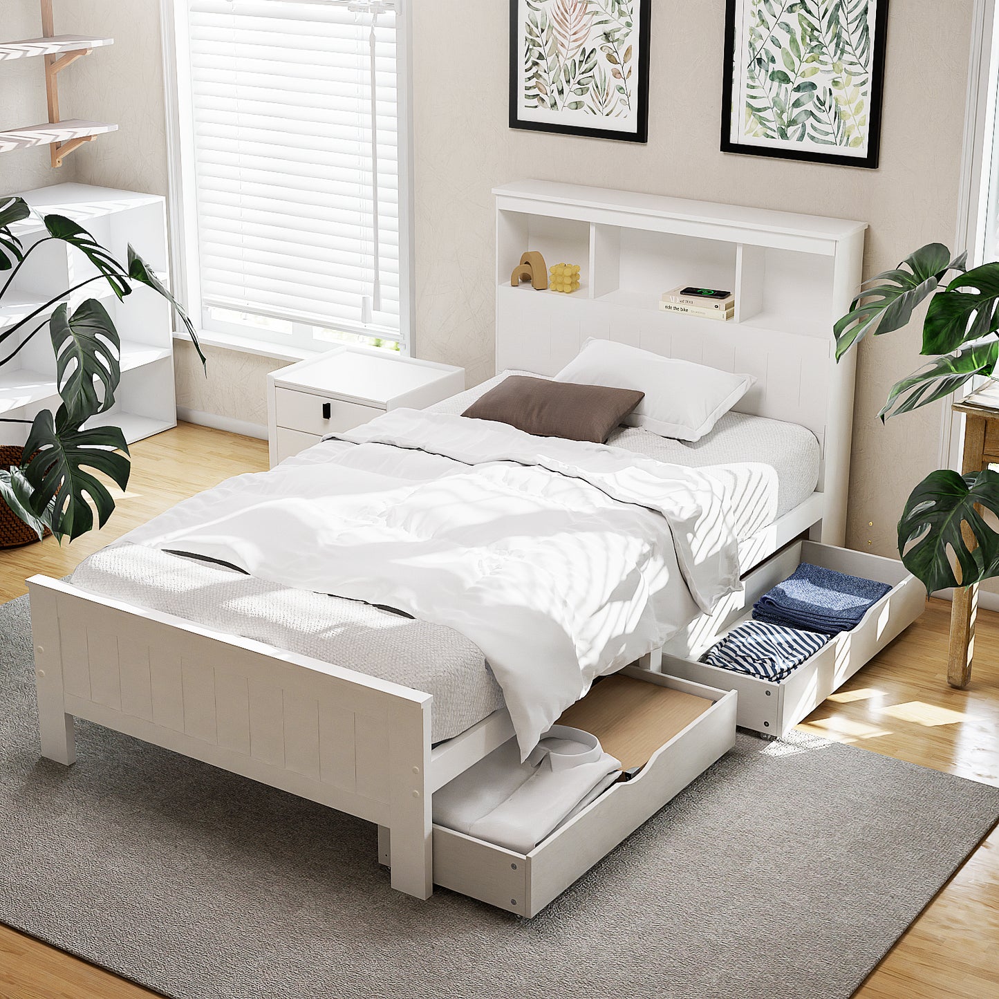 Bed Frame King Single Size Wooden with 2 Storage Drawers White