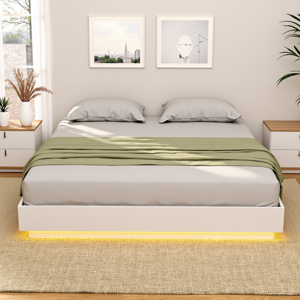 Queen Bed Frame with 16Colour Led Light Wooden Platform Bed Base DAYGLOW