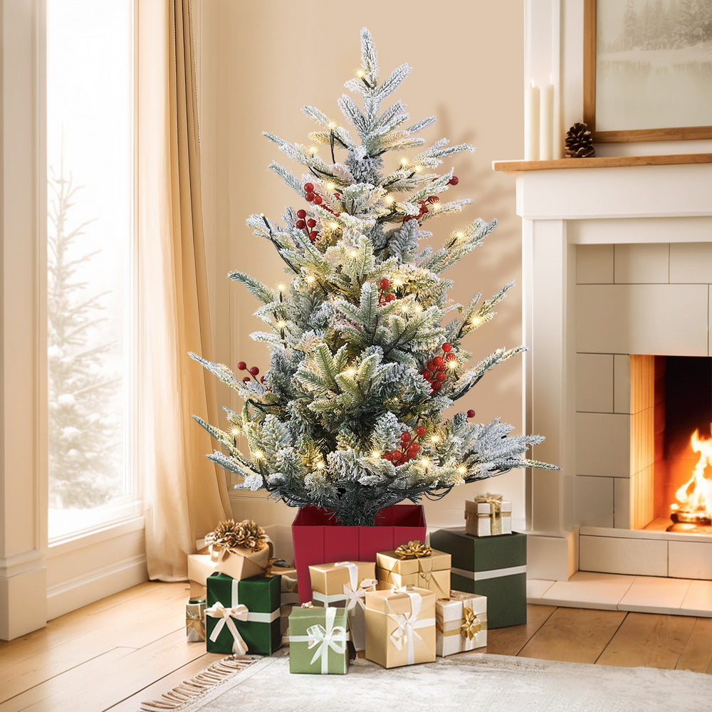 Christmas Tree 1M LED Potted Xmas Party Decor Red Barries Flocked