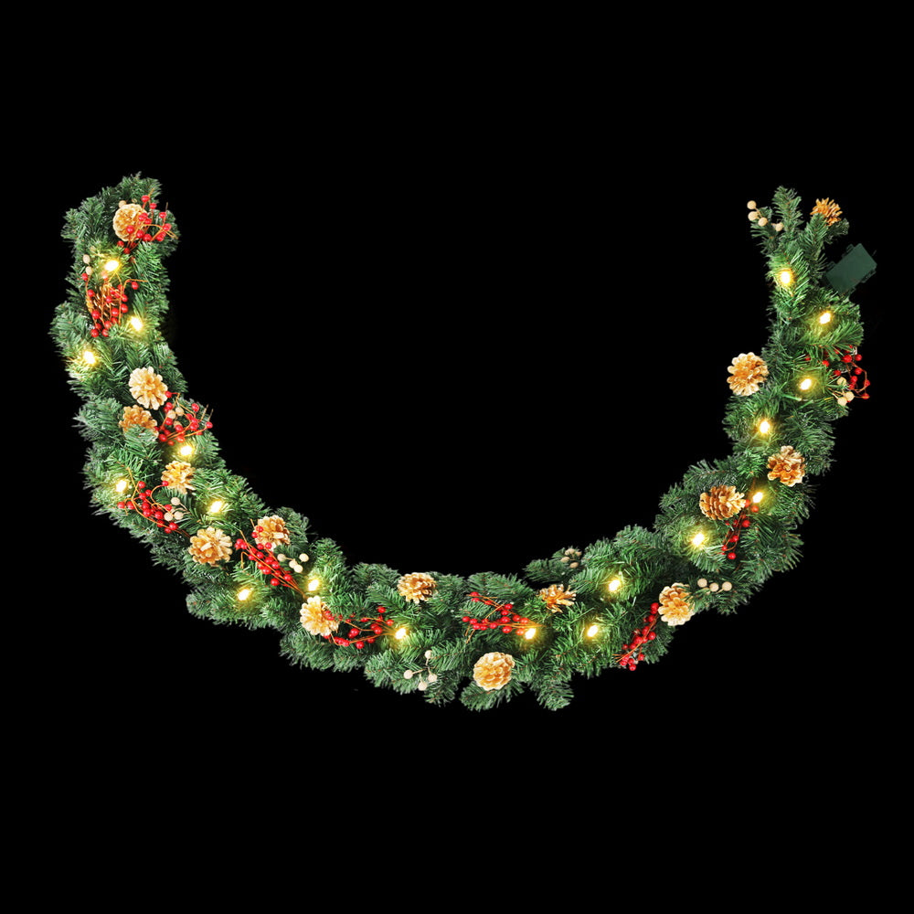 1.8M Christmas Garland Pre-lit LED Pine Cones Berries Xmas Decor