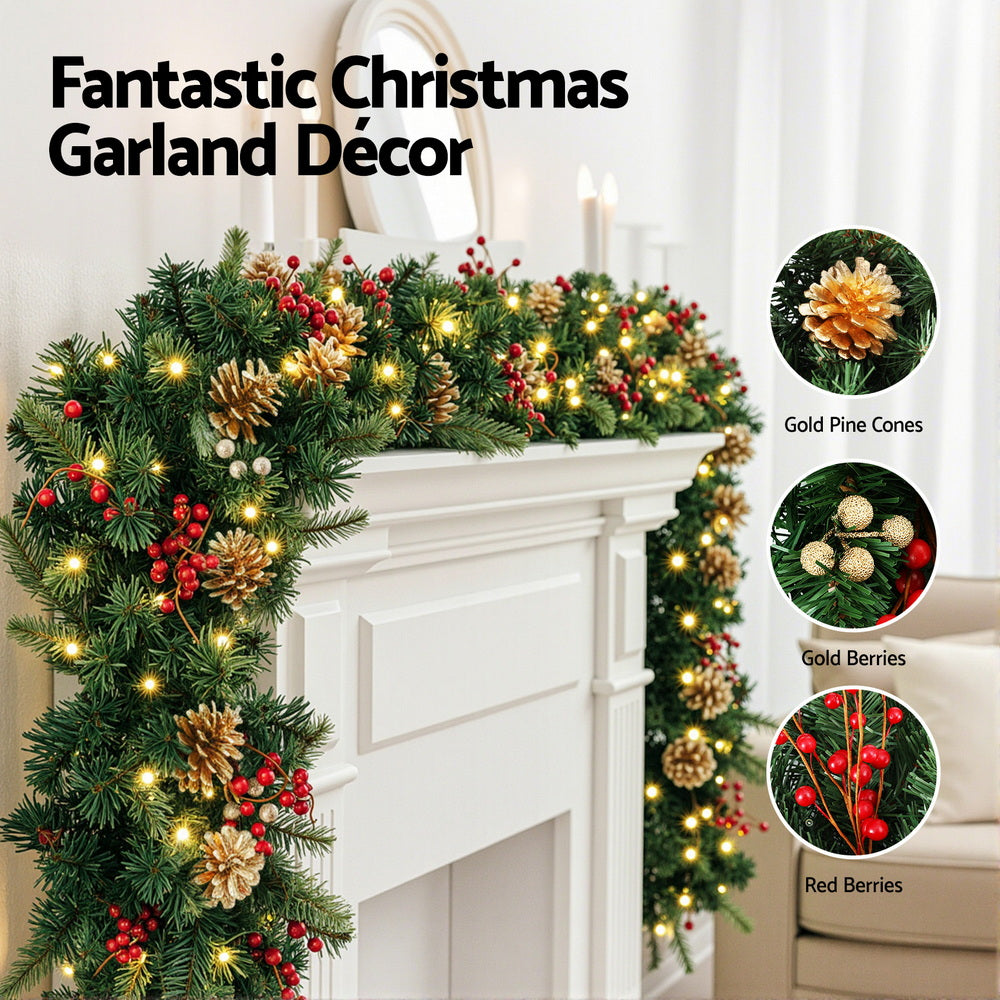 1.8M Christmas Garland Pre-lit LED Pine Cones Berries Xmas Decor