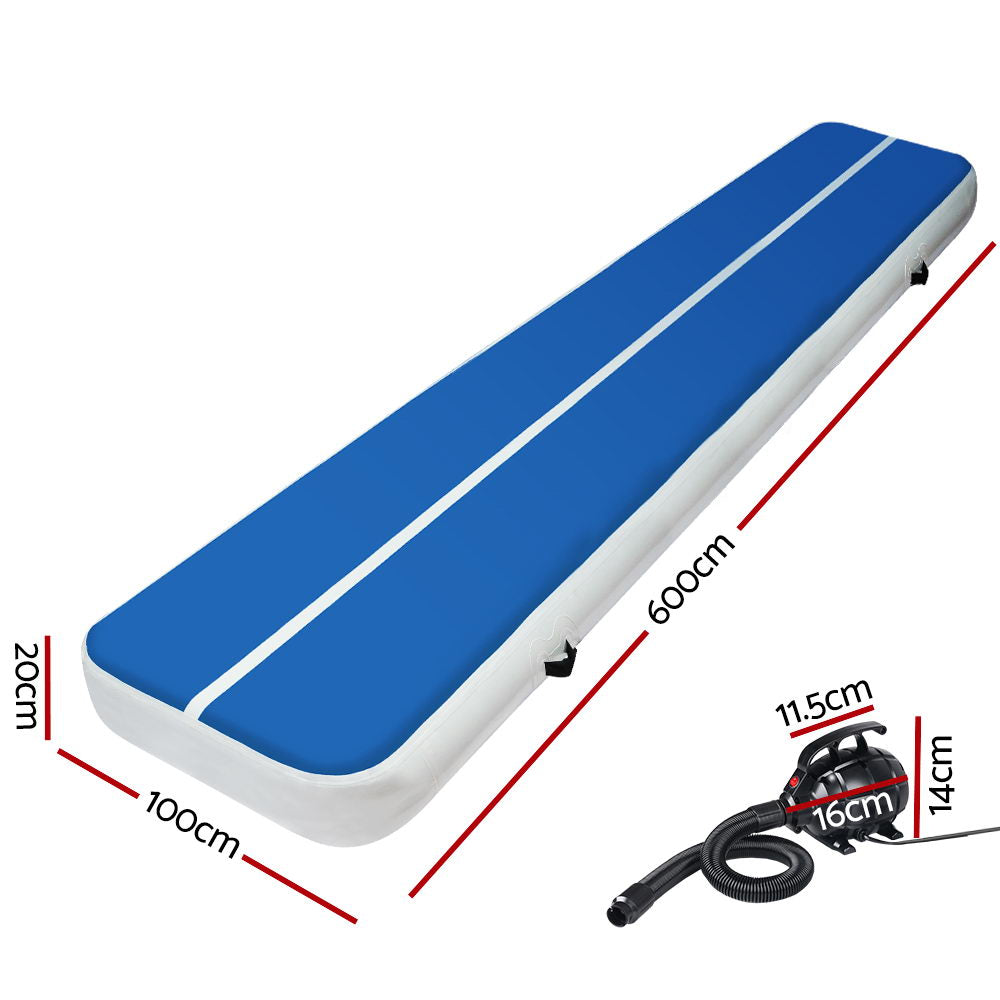6X1M Inflatable Air Track Mat 20CM Thick with Pump Tumbling Gymnastics Blue