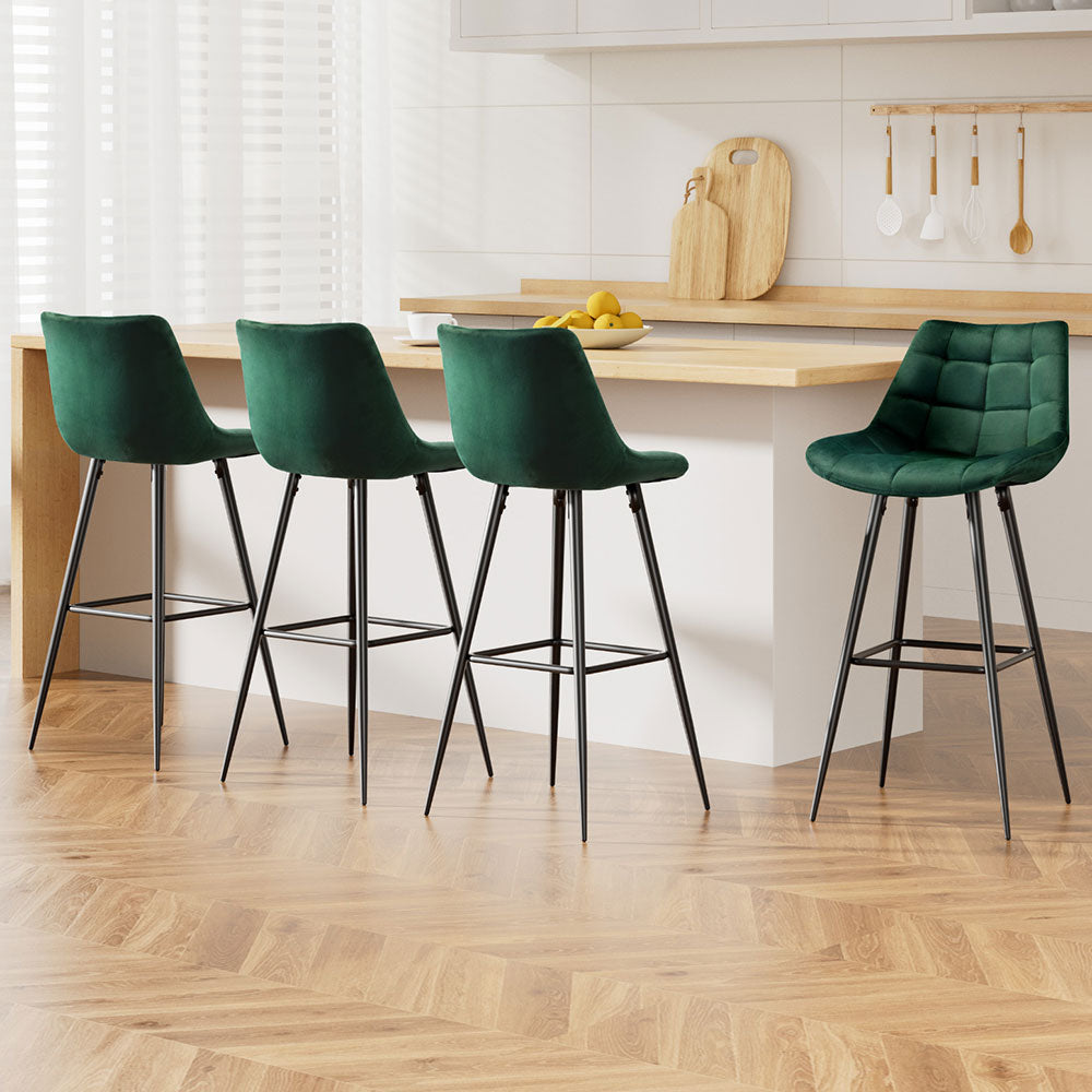 4x Bar Stools Velvet Chairs Green