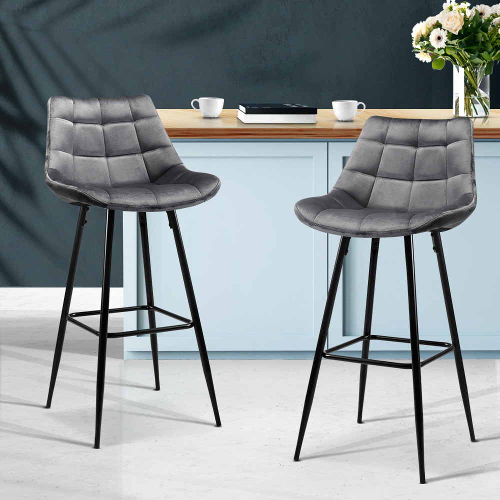 2x Bar Stools Velvet Chairs Grey