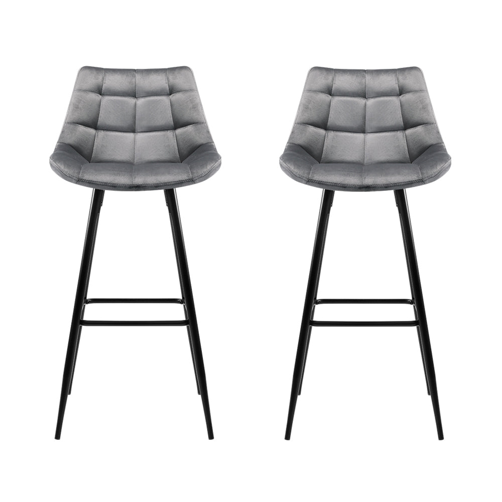 2x Bar Stools Velvet Chairs Grey