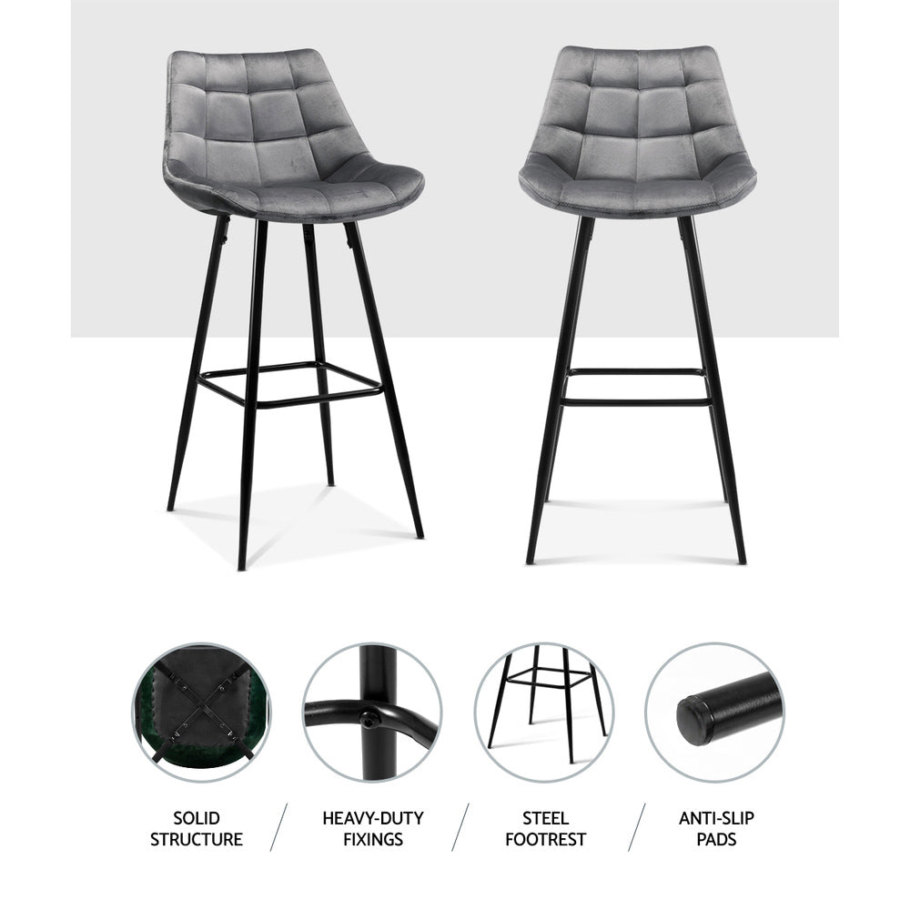 2x Bar Stools Velvet Chairs Grey