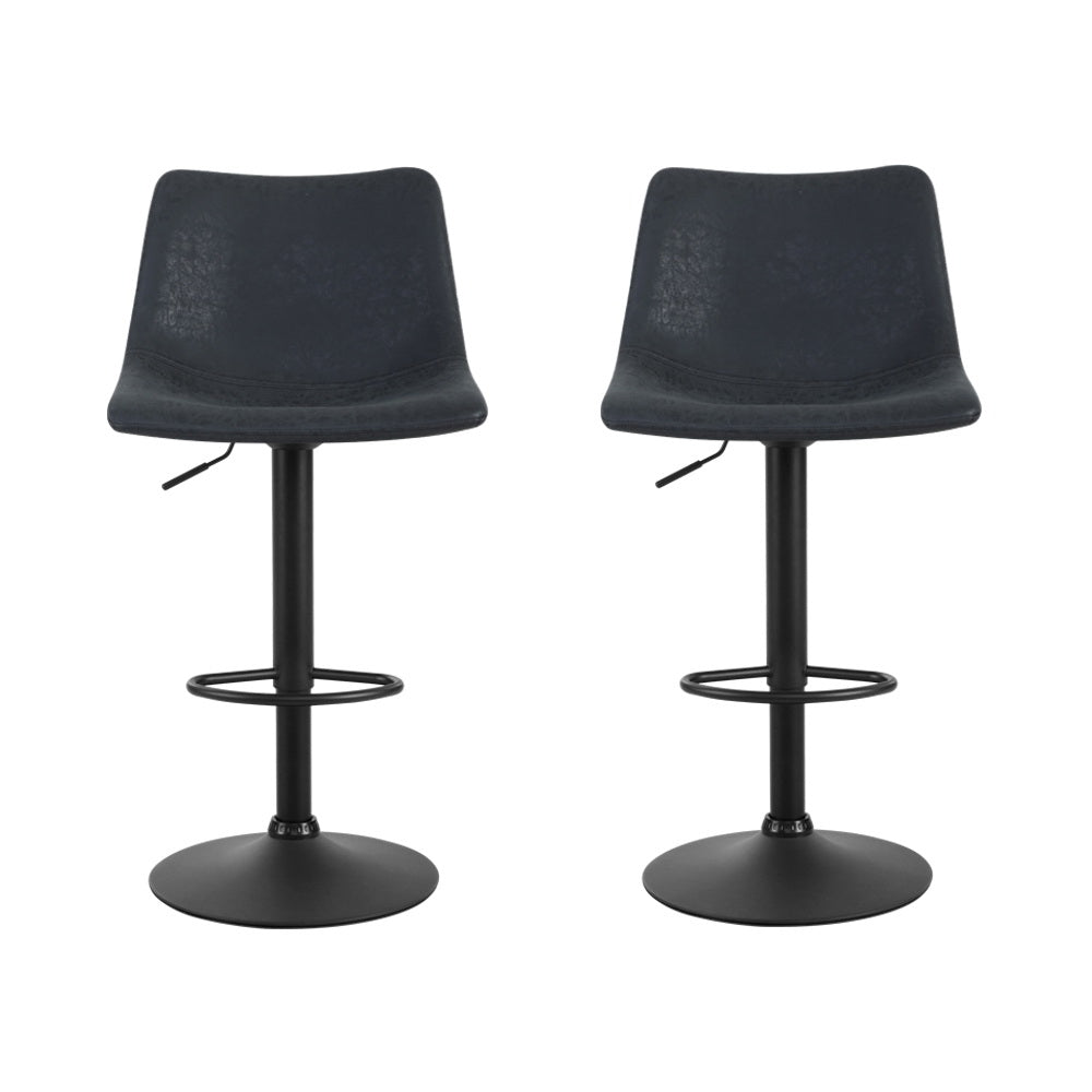 2x Bar Stools Vintage Leather Swivel Gas Lift Black