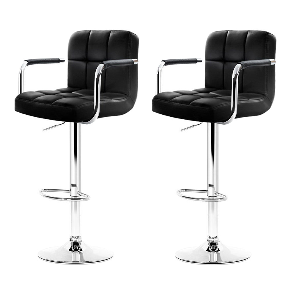2x Bar Stools Leather Gas Lift w/Armrest Black