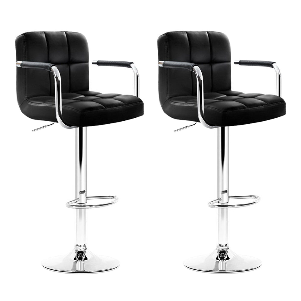2x Bar Stools Leather Gas Lift w/Armrest Black