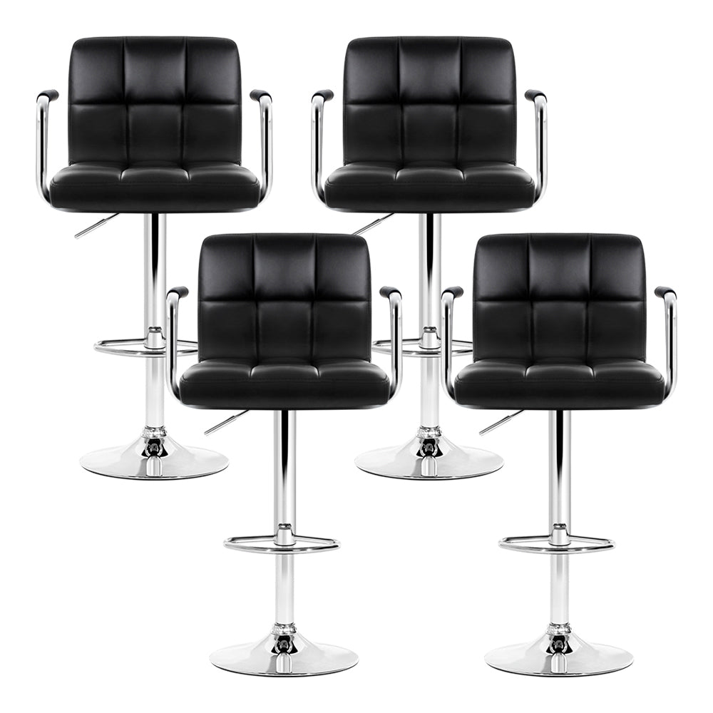 4x Bar Stools Leather Gas Lift w/Armrest Black