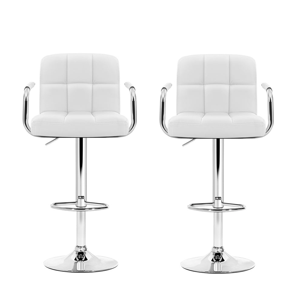 2x Bar Stools Leather Gas Lift w/Armrest White