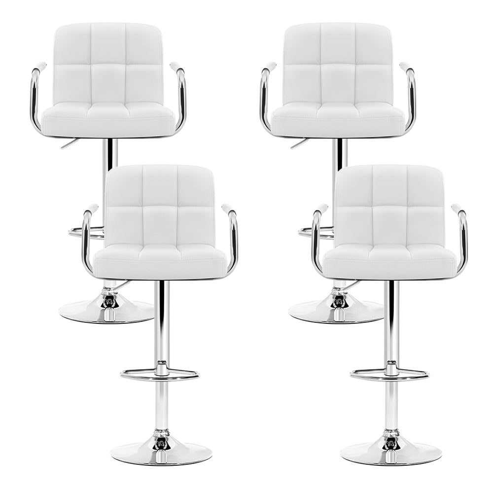 4x Bar Stools Leather Gas Lift w/Armrest White