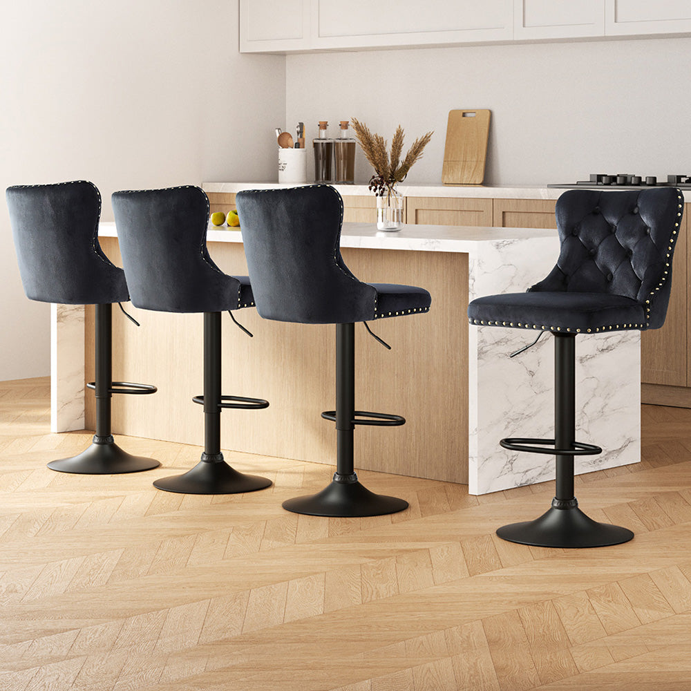 4x Velvet Bar Stool Adjustable Height Nailhead Trim Kitchen Counter Stool