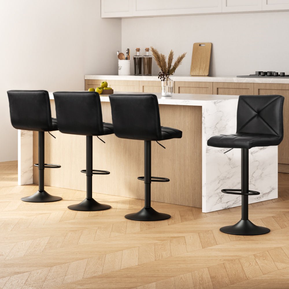 4x Bar Stools Gas Lift Leather Chair Black