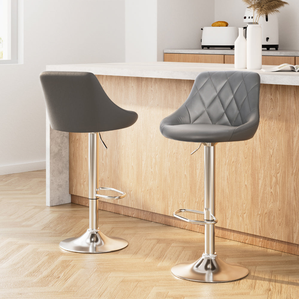 2x Bar Stools Leather Padded Gas Lift Grey