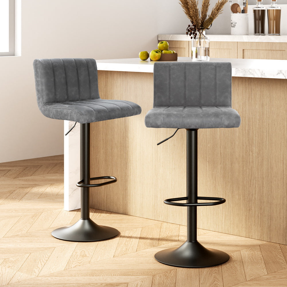 2x Bar Stools Vintage Leather Gas Lift Grey