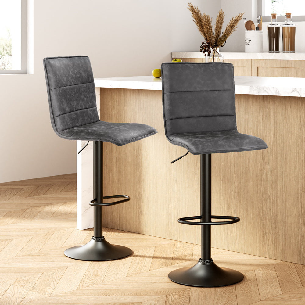 2x Bar Stools Gas Lift Vintage Leather Grey