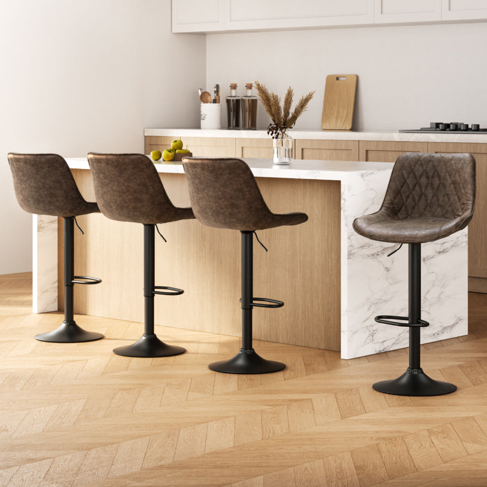 4x Bar Stools Gas Lift Vintage Leather Brown