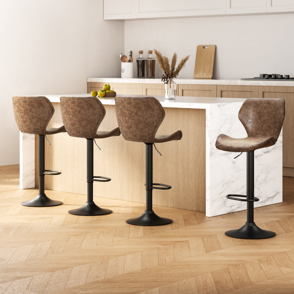 4x Bar Stools Vintage Leather Gas Lift Brown