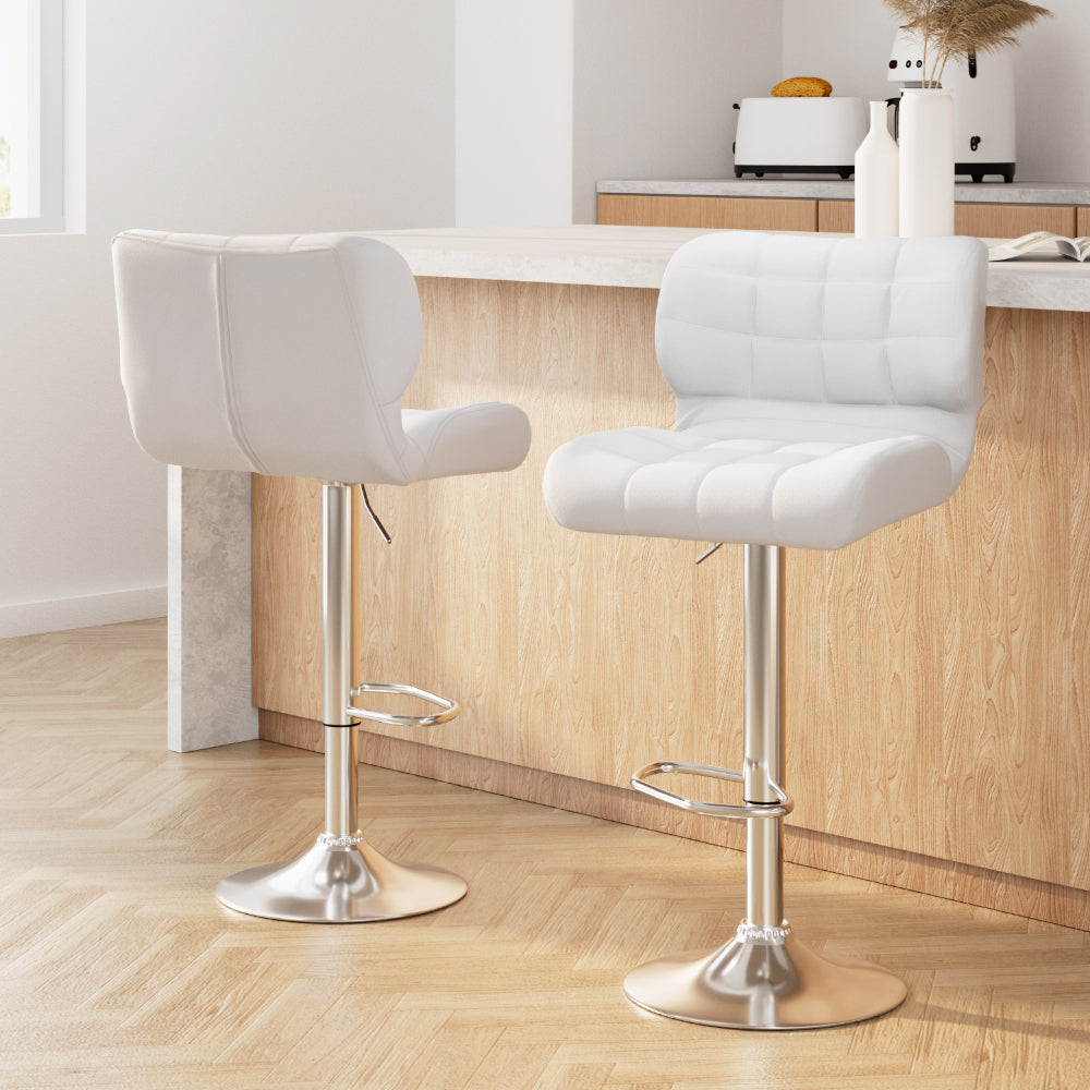 2x Bar Stools Gas Lift Leather Padded White