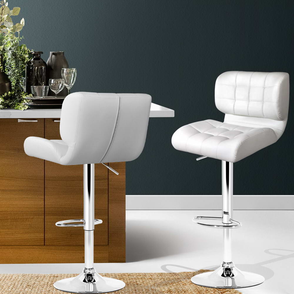 2x Bar Stools Gas Lift Leather Padded White