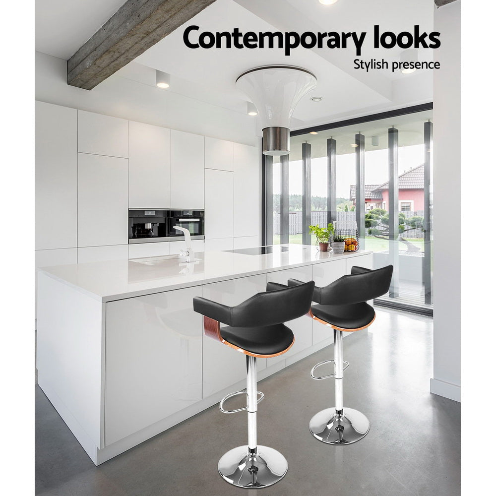 2x Bar Stools Gas Lift Leather w/Armrest Black