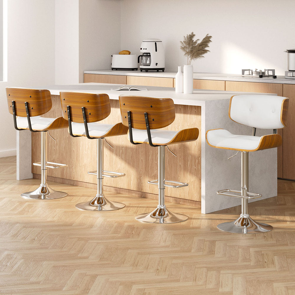 4x Bar Stools Gas Lift Leather White