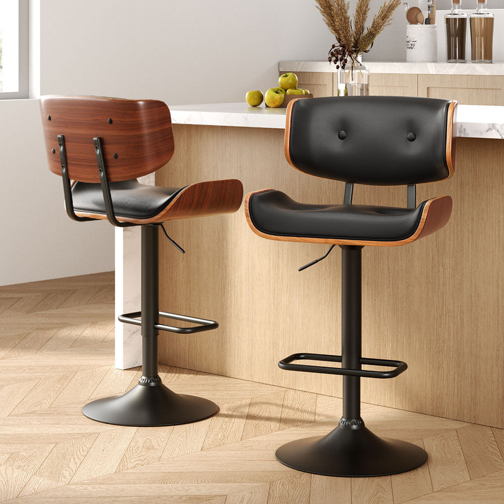 2x Bar Stools Gas Lift Leather All Black