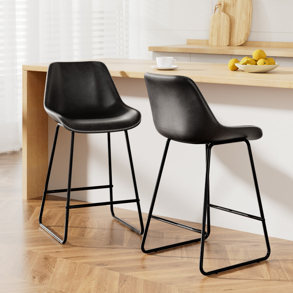 Bar Stools Kitchen Counter Barstools Leather Metal Chairs Black x2