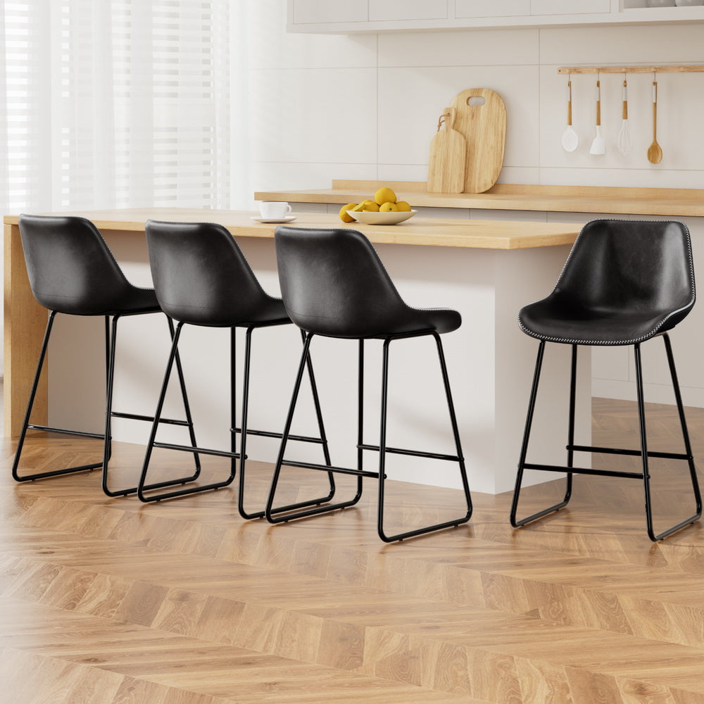 4x Bar Stools Leather Padded Metal Legs Black