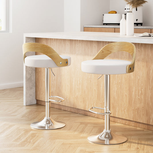 2x Bar Stools Adjustable Leather Padded White