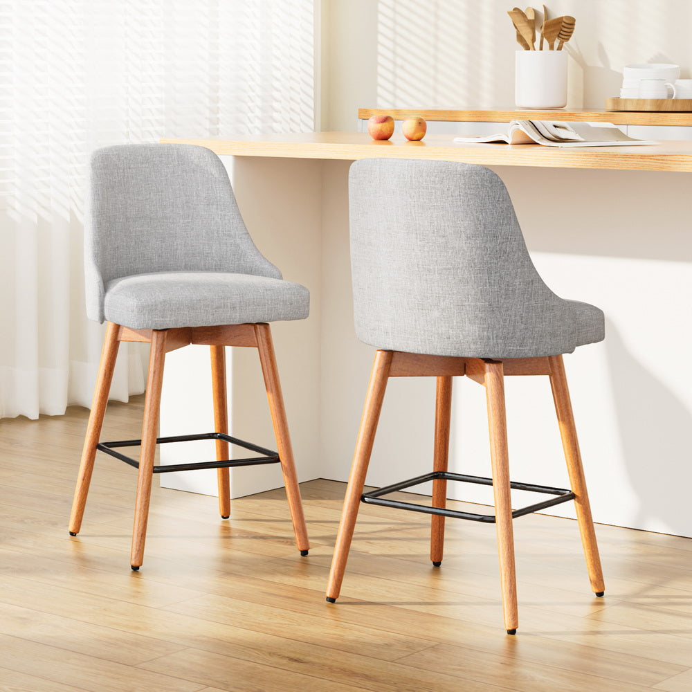 2x Bar Stools Swivel Seat Wooden Grey