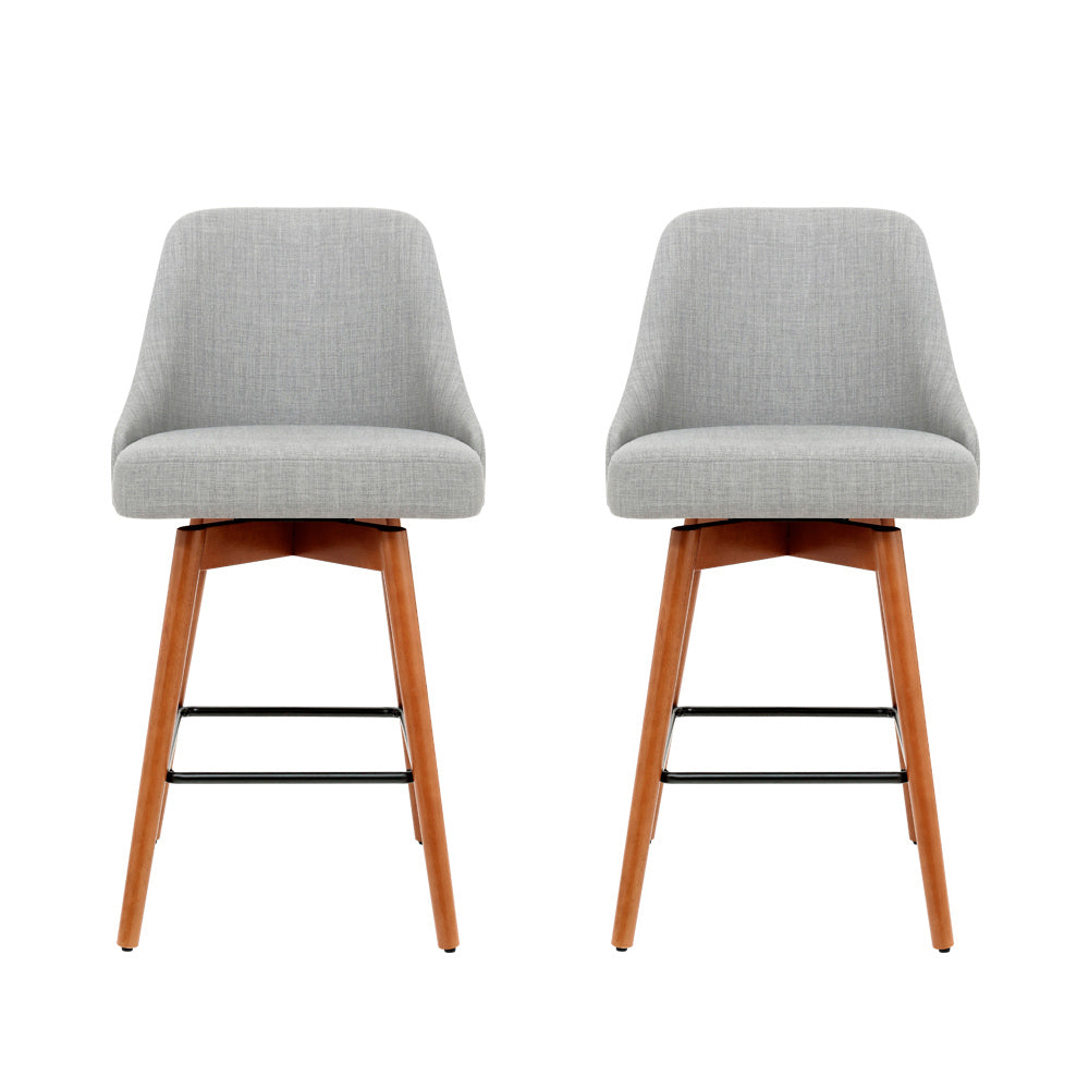 2x Bar Stools Linen Padded Wooden Grey