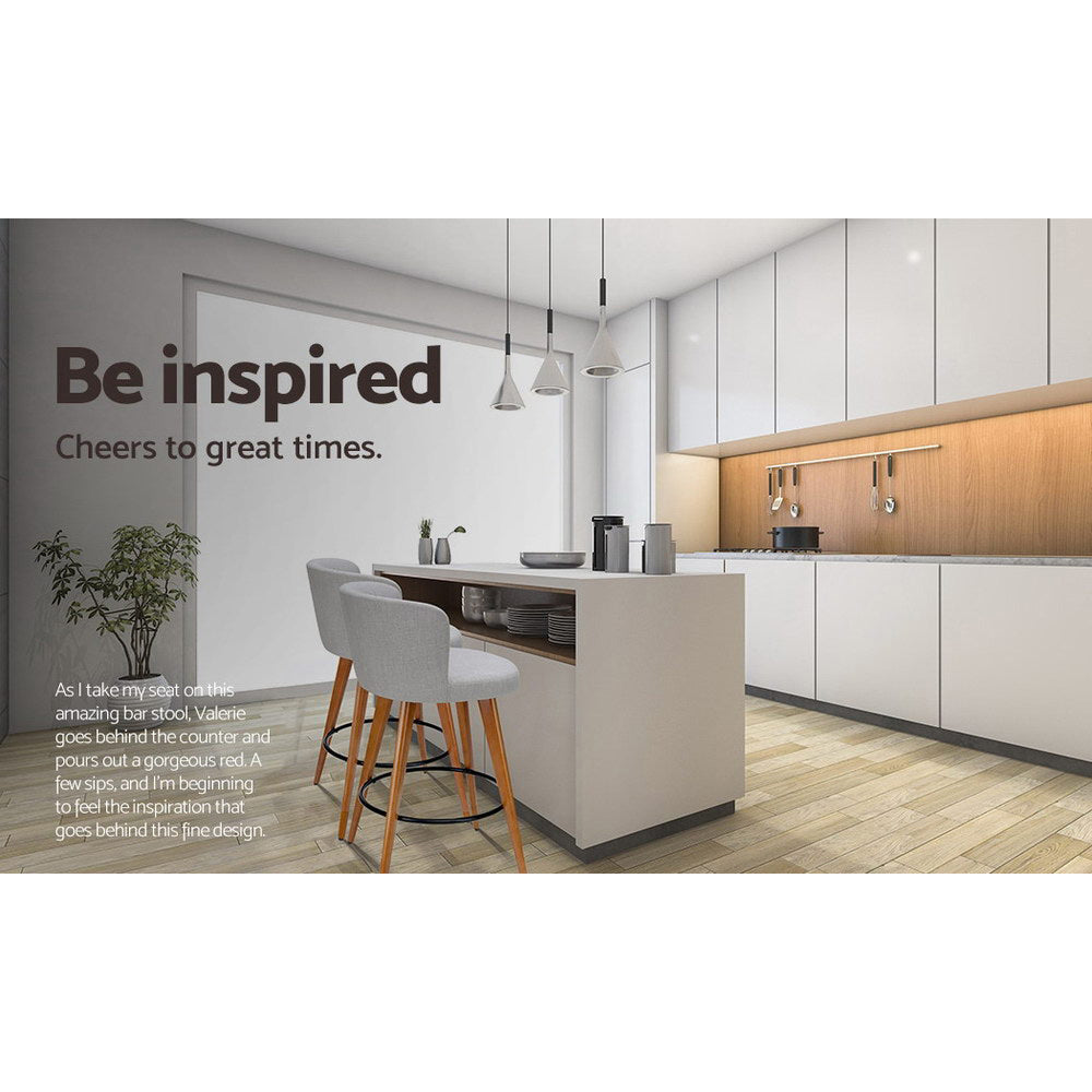 2x Bar Stools Linen Padded Wooden Grey