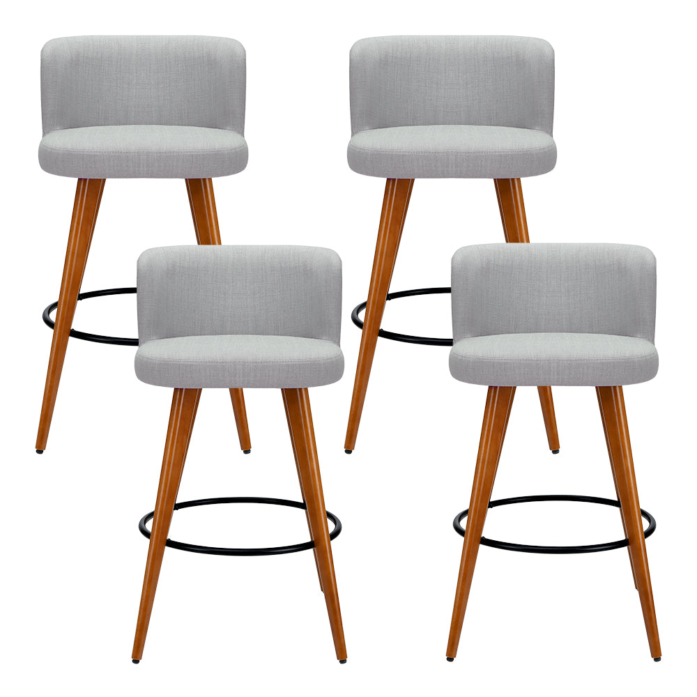 4x Bar Stools Linen Padded Wooden Grey