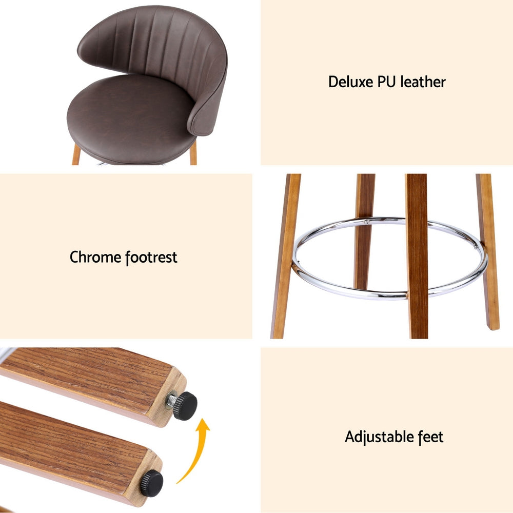 2x Bar Stools Dining Chairs Contoured Leather Wood Stool