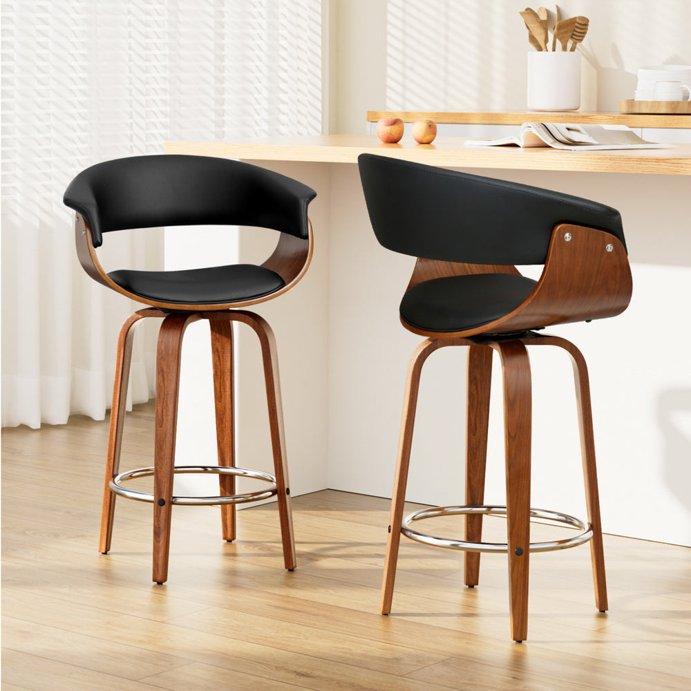 2x Bar Stools Swivel PU Seat Wooden