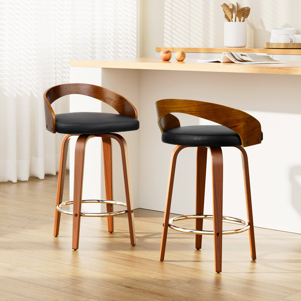 2x Bar Stools Swivel Seat Curving Backrest