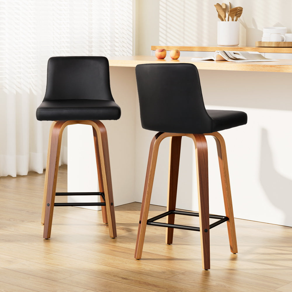 2x Bar Stools Swivel Leather Padded Wooden