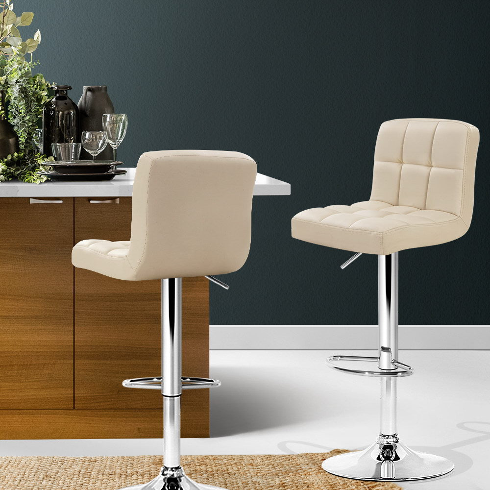 2x Bar Stools Leather Gas Lift Beige