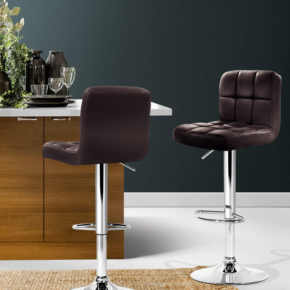 2x Bar Stools Leather Gas Lift Brown