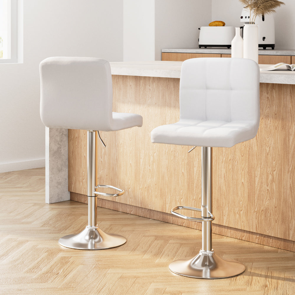 2x Bar Stools Leather Gas Lift White