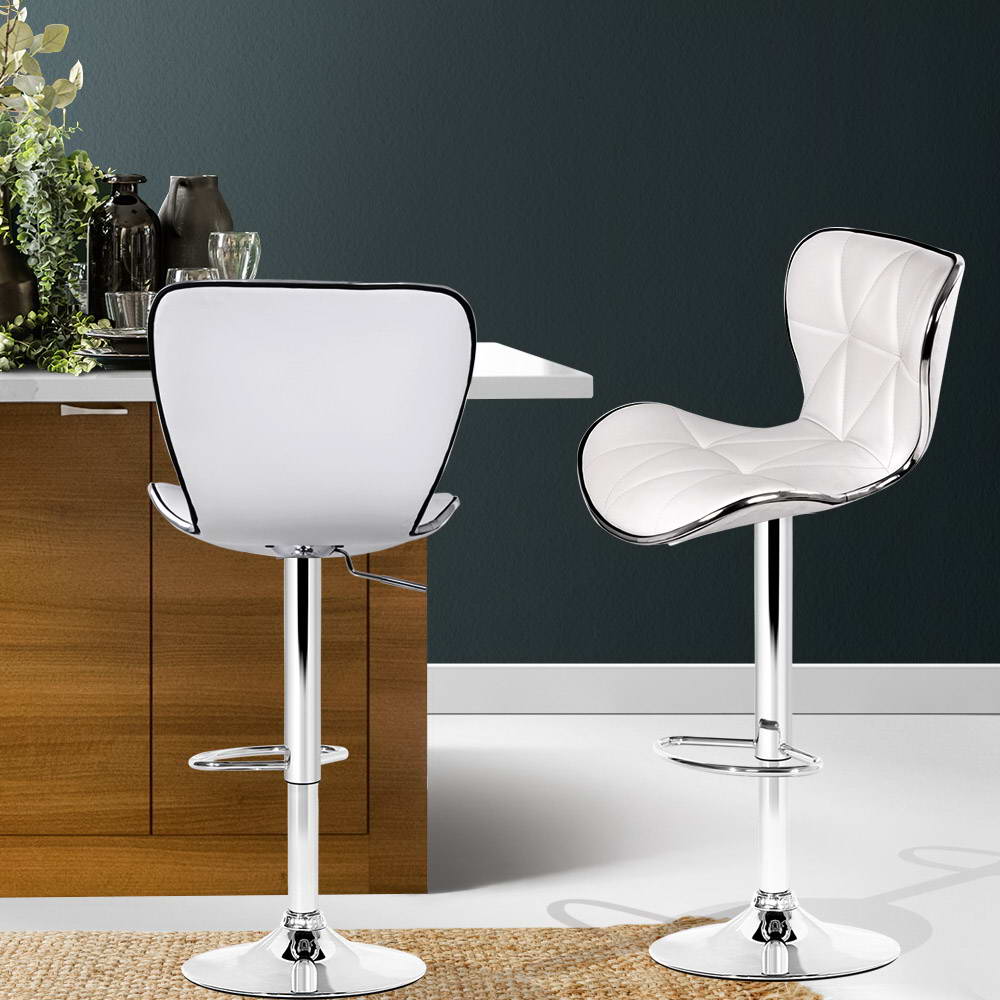 2x Bar Stools Gas Lift Leather Seat White