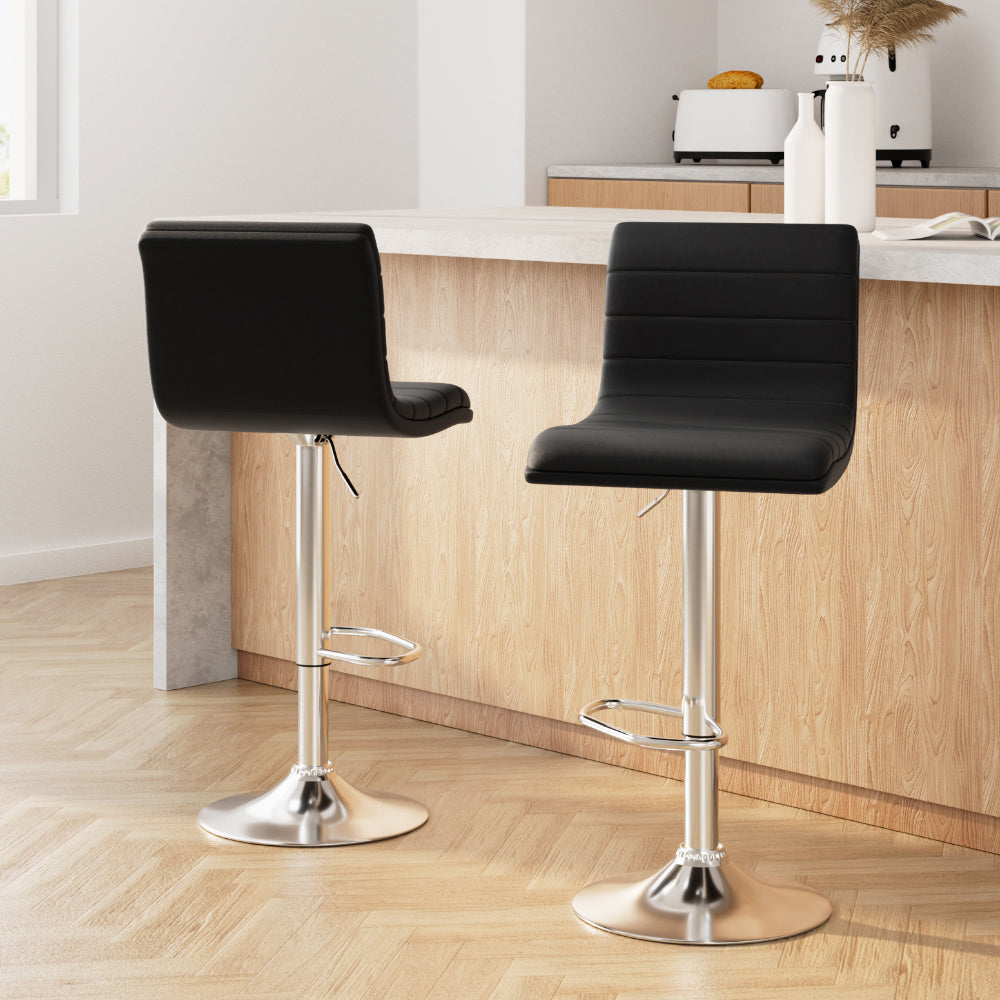 2x Bar Stools Padded Leather Gas Lift Black