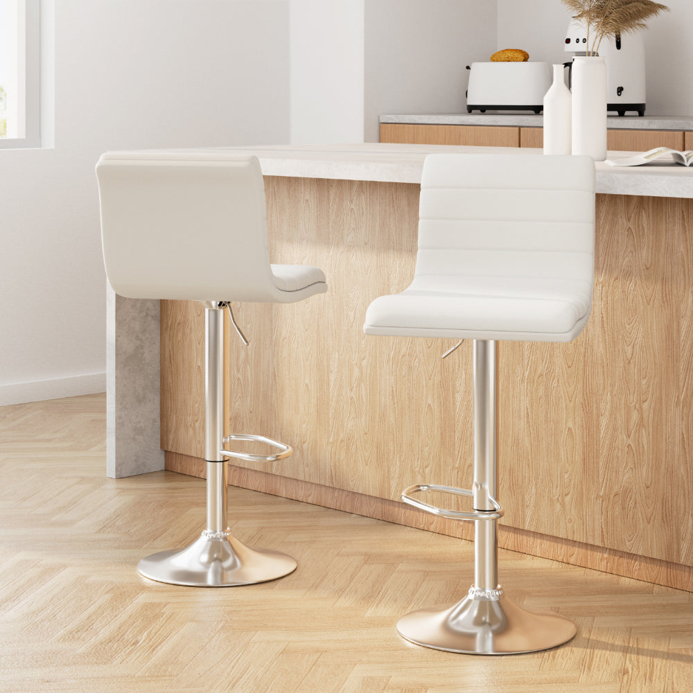 2x Bar Stools Padded Leather Gas Lift White