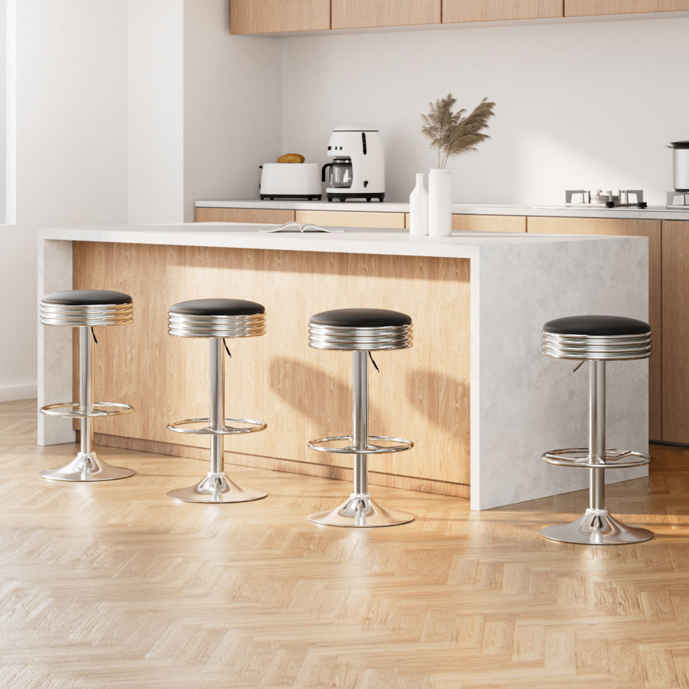 4x Bar Stools Leather Padded Gas Lift Silver