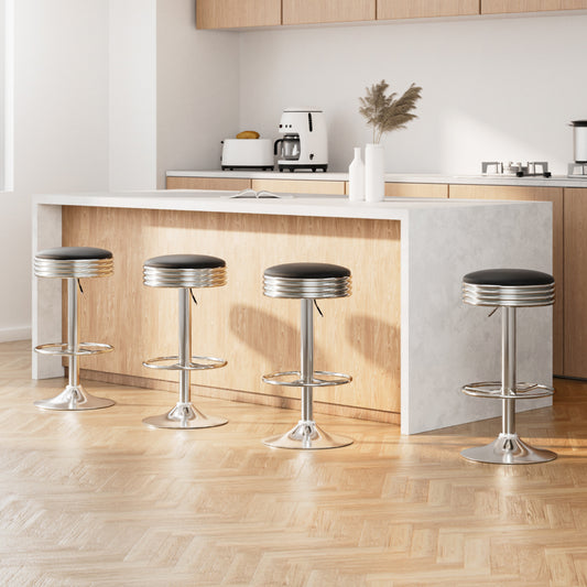 4x Bar Stools Leather Padded Gas Lift Silver