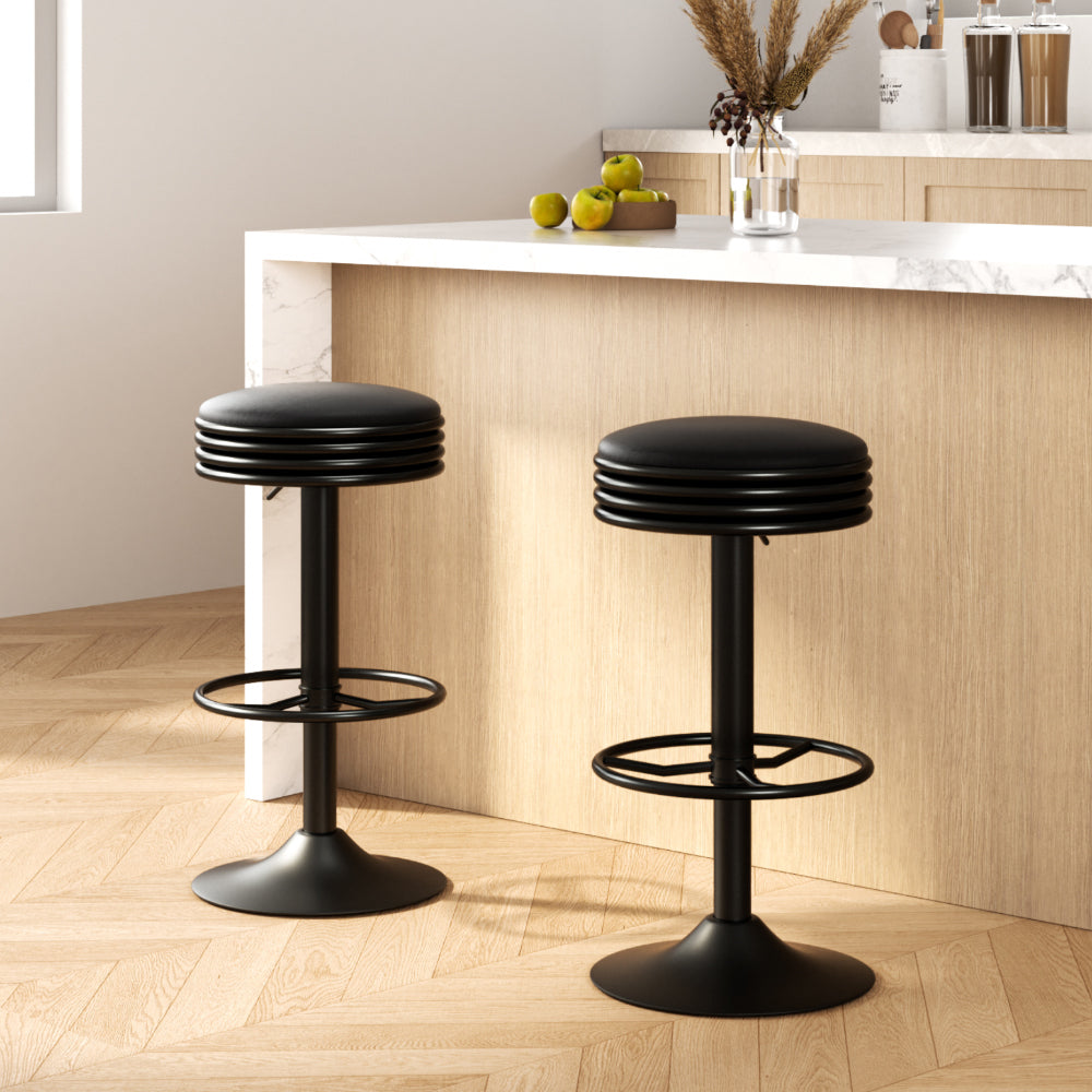 2x Bar Stools Leather Padded Gas Lift Black